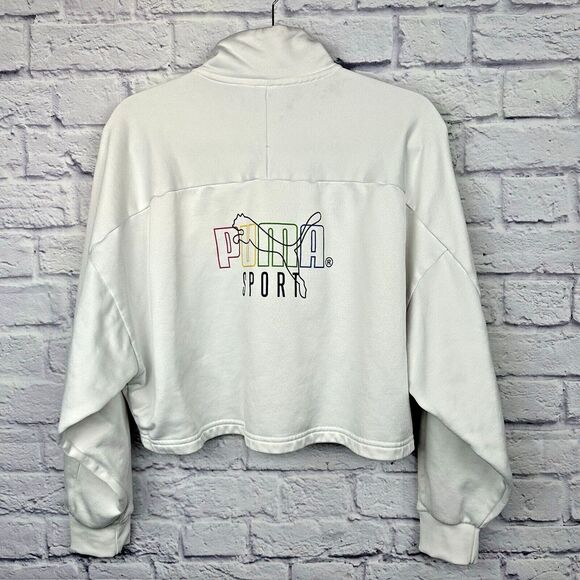 Puma Tops - Puma‎ Sport Sweatshirt Womens XL White Cropped Spellout Stand Collar 1/4 Zip Y2K